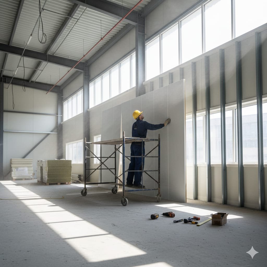 proses pemasangan sandwich panel dalam sebuah bangunan industri